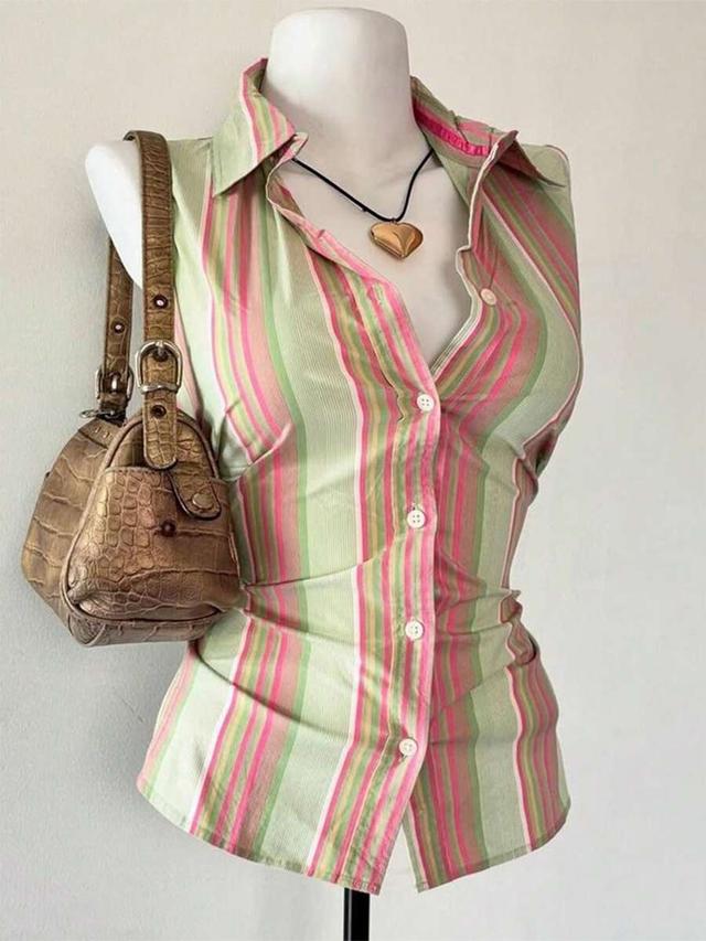 lalippa women's digital print contrast striped front button sleeveless casual shirt