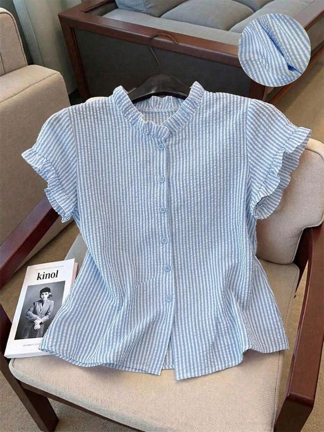 franclia women's ruffle collar short sleeve striped shirt