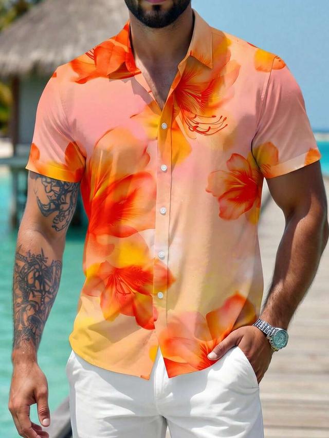 men's orange floral print short sleeve vacation shirt