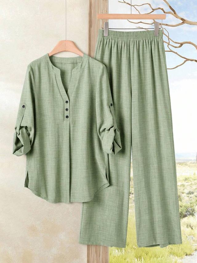 solid green linen blend v-neck blouse and trousers set