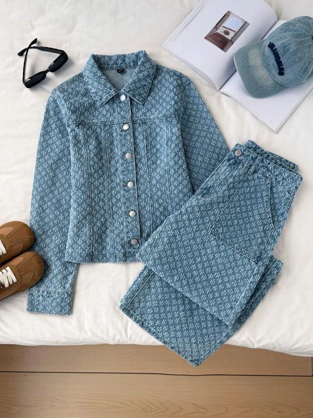light blue woven pattern denim button front set