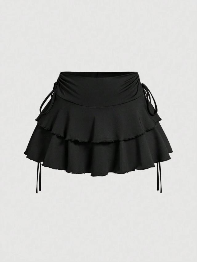black drawstring ruffle layered cake mini skirt