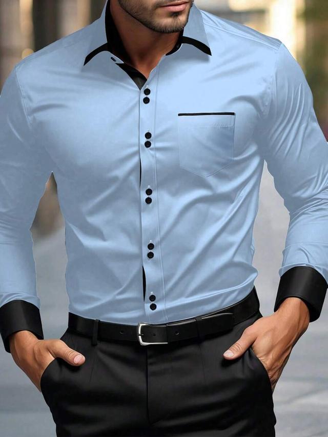 light blue long sleeve formal shirt with contrast trim