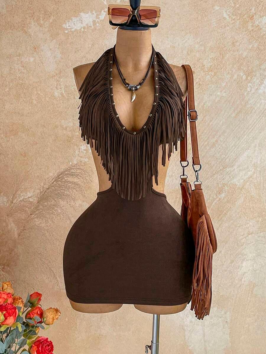 soleia v-neck rivet tassel decor bodycon mini dress