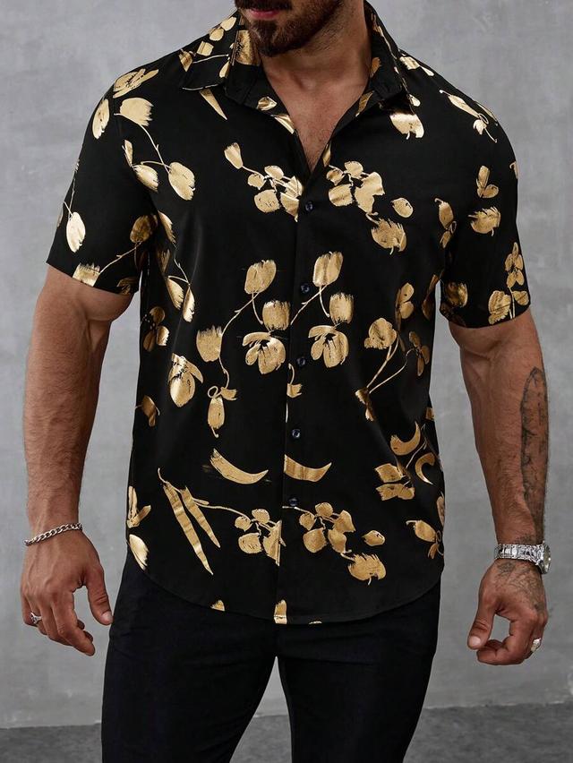 black and gold floral print short sleeve shirt