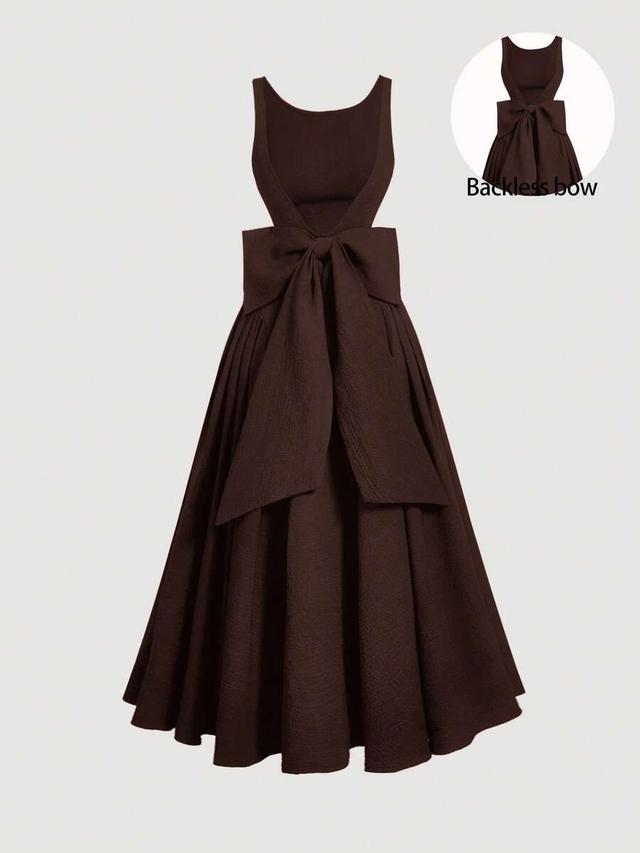brown backless bow tie a-line mid-length dress