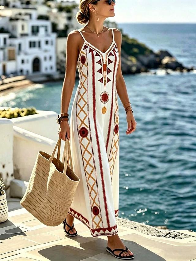 geometric pattern sleeveless vacation maxi dress