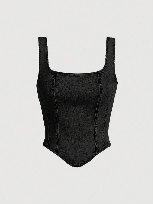 black square neck asymmetric hem denim corset top