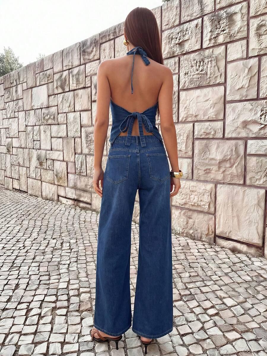 dark blue halter top and matching wide-leg trousers