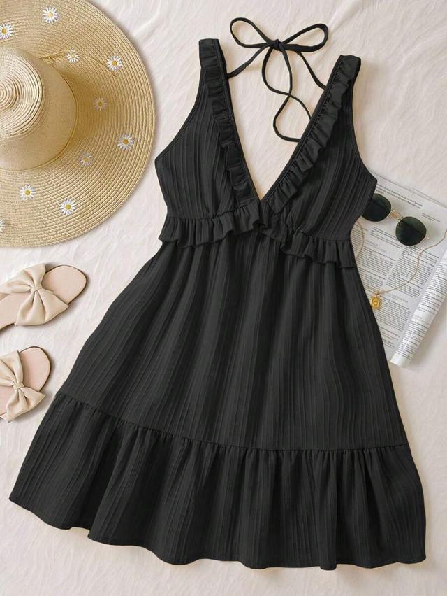 black pleated ruffled strap minimalist mini dress