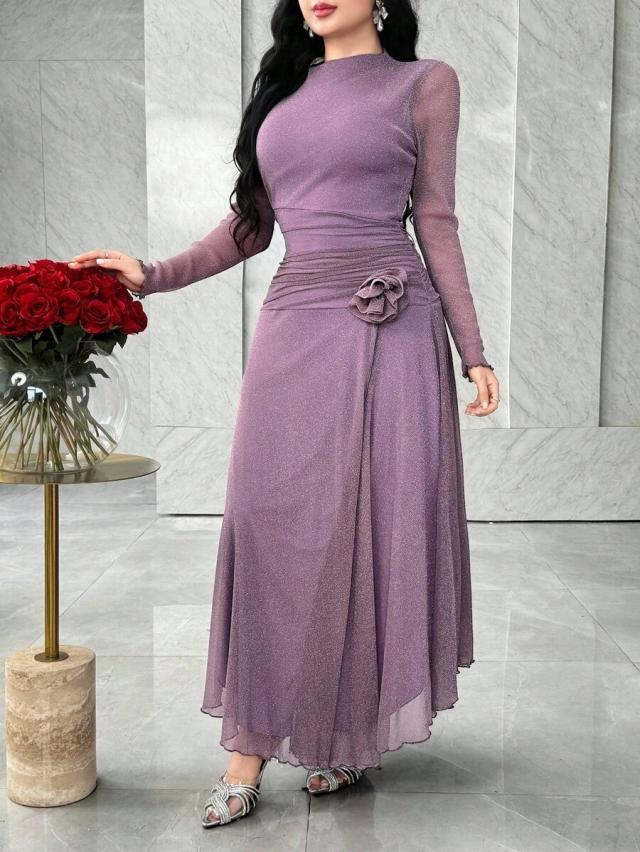 feyla long sleeve front slit 3d floral party dress