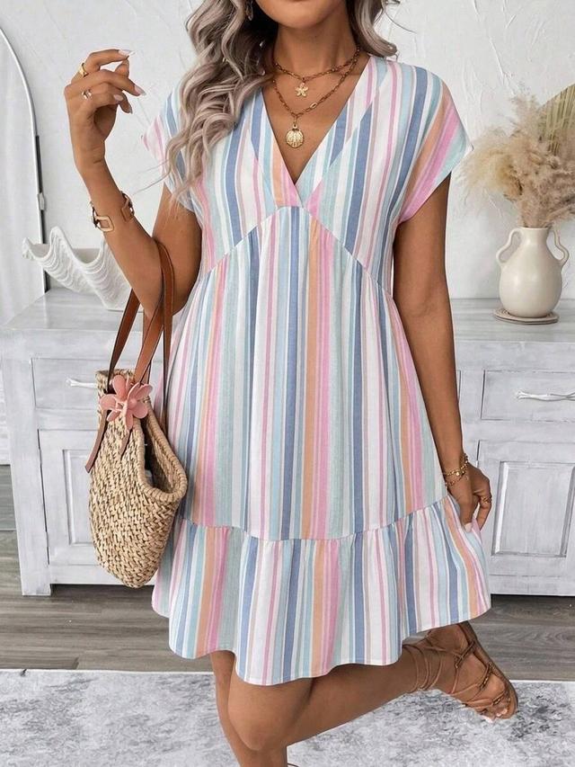 pastel striped v-neck tiered cotton dress