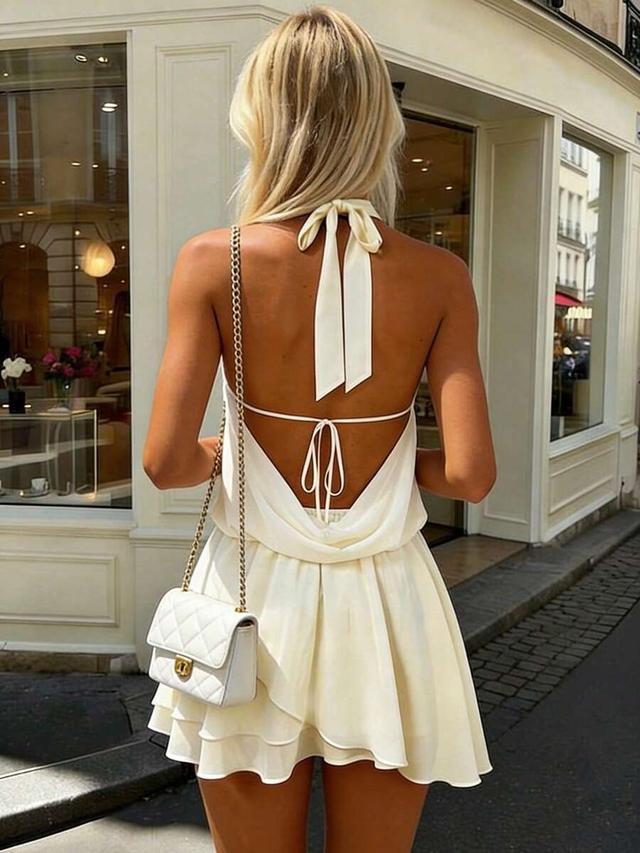 ivory draped neck backless mini dress