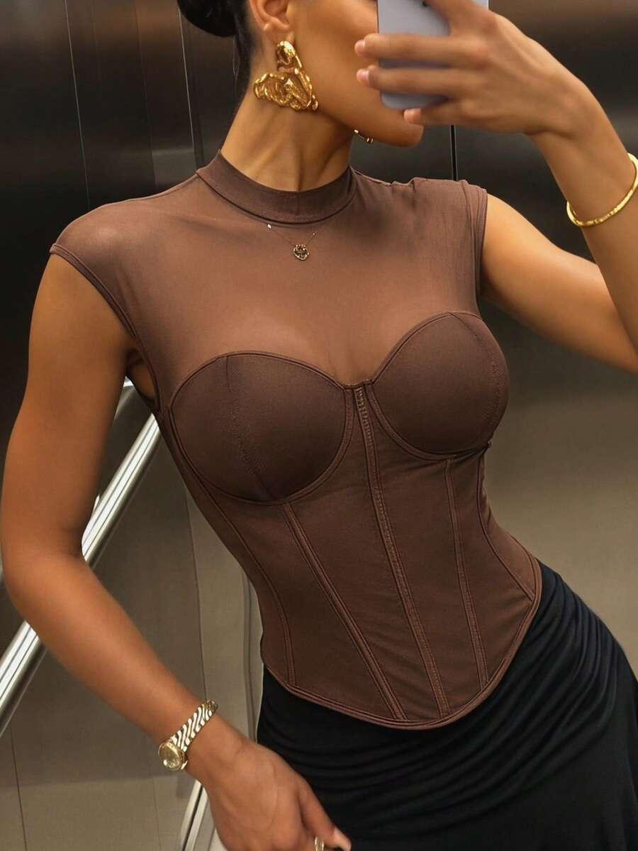 coffee brown mesh corset style sheer blouse
