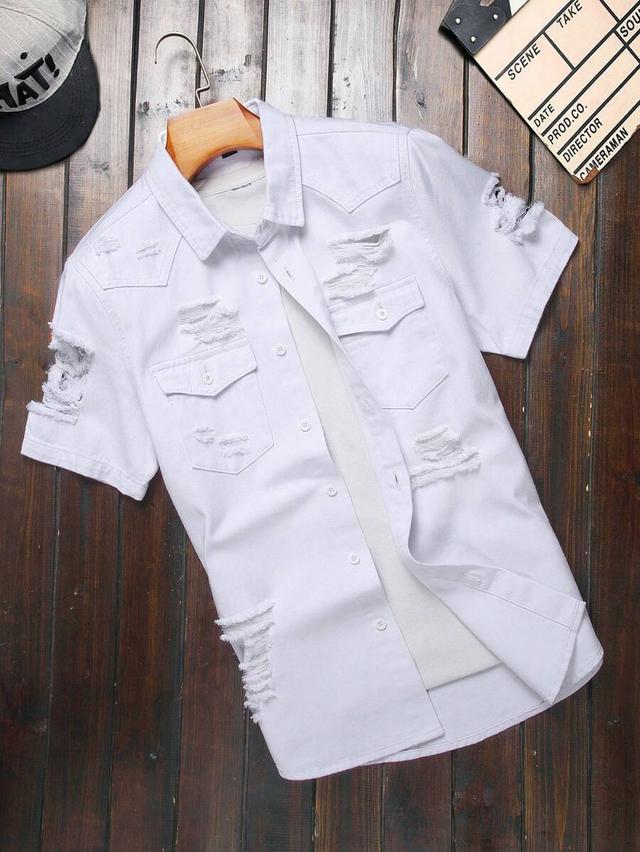 white short sleeve distressed denim shirt