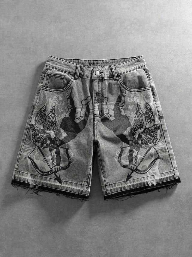 distressed vintage cupid print denim shorts