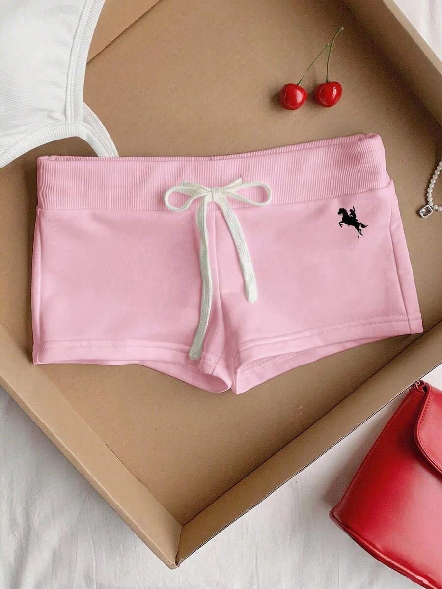 comfortcana casual minimalist pink horse pattern drawstring waist fitted shorts