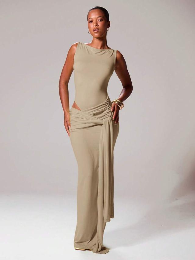 musera slash neckline tie front drape fitted maxi dress