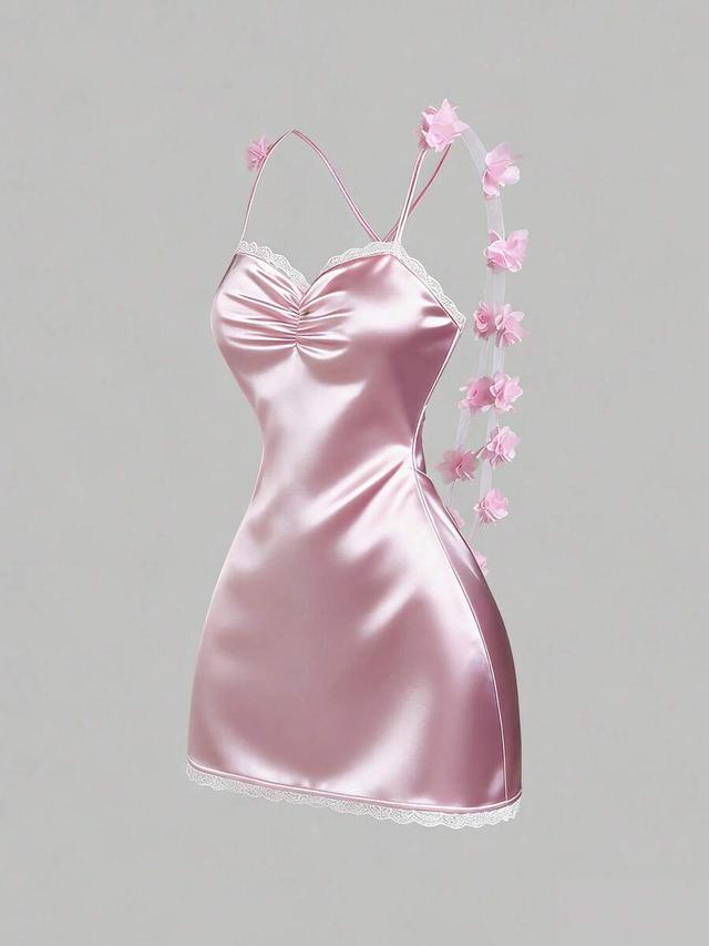 pink satin lace trim floral applique party dress