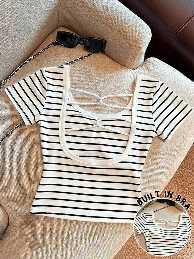 striped casual hollow-out padded short sleeve t-shirt