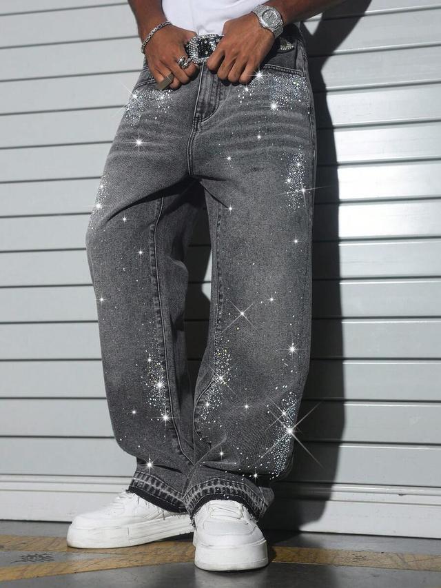 washed dark grey straight wide-leg rhinestone jeans