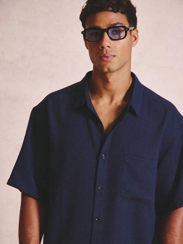 navy blue dropped shoulder collared button down shirt