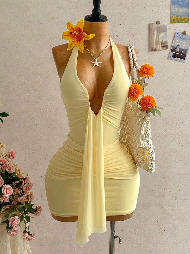 pale yellow halter neck ruched mini dress