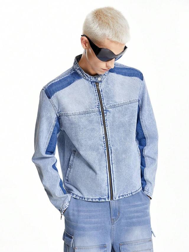 light blue denim motorcycle jacket with contrast panels