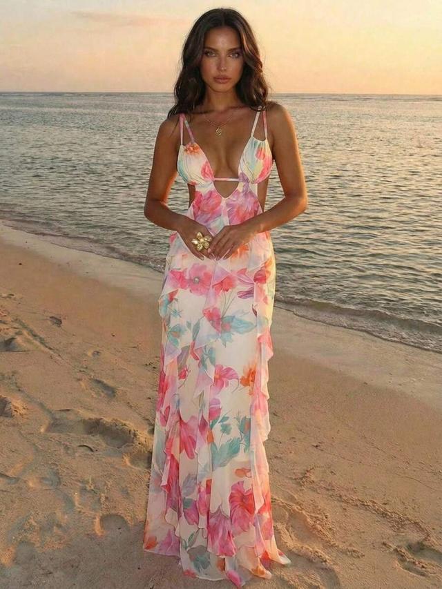 floral print chiffon maxi dress with ruffle detail