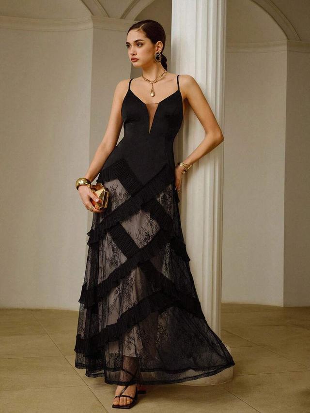 zeylah deep v-neck lace patchwork pleated ruffle strap dress