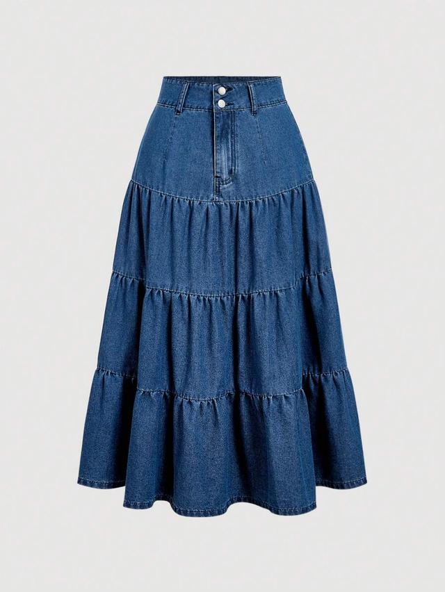 petite denim tiered flared midi skirt