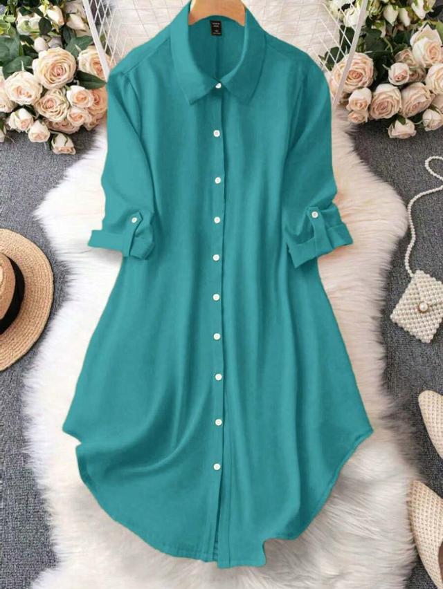 solid teal button front long sleeve casual dress