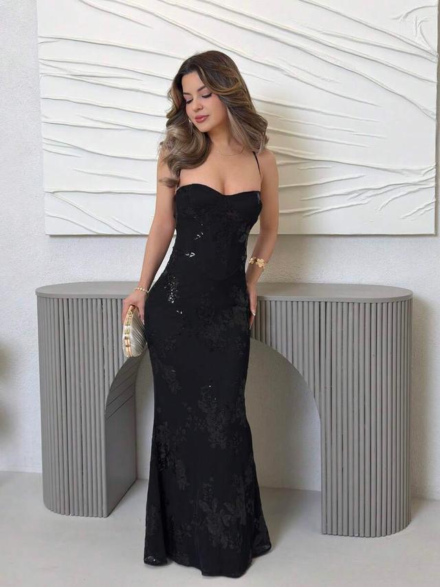 black floral sequin embellished corset bodice evening dress