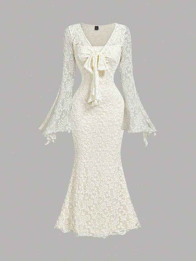 elegant cream white lace v-neck mermaid dress