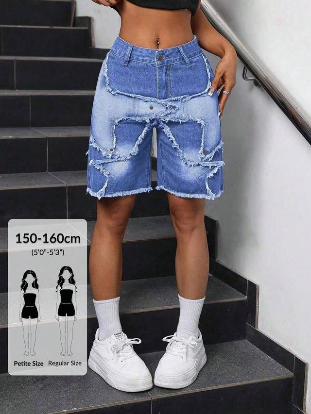 contrast color denim shorts with fringe trim