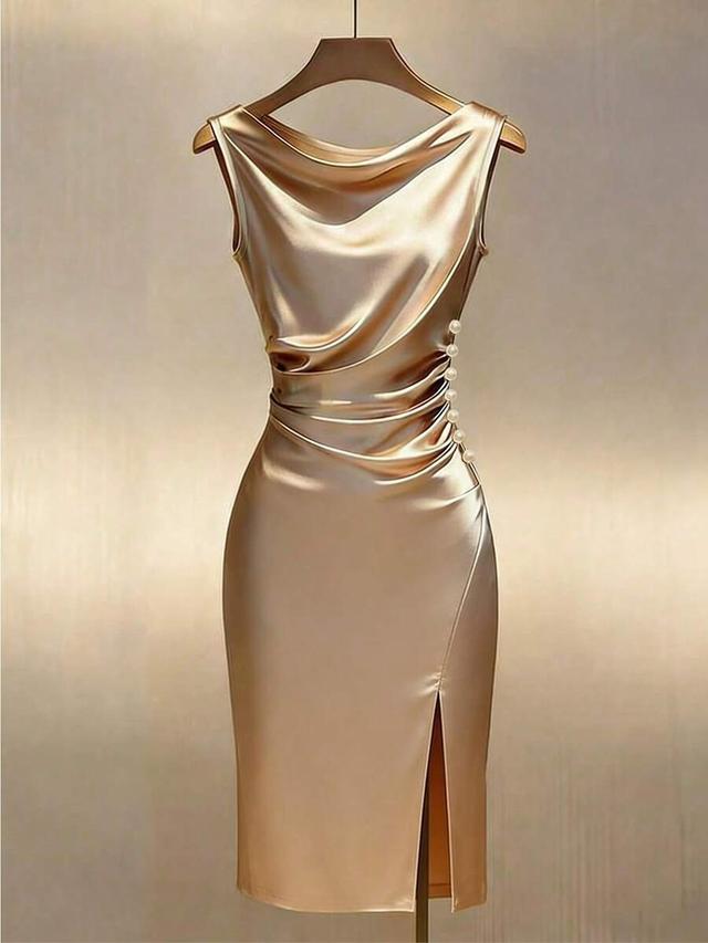champagne satin cowl neck midi dress with pearl detailing
