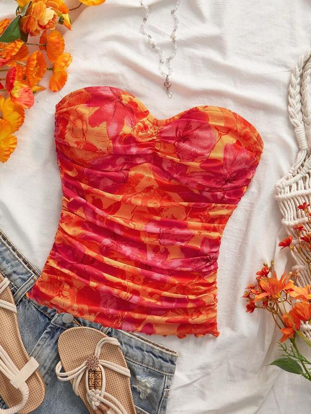 orange red floral printed mesh tube top
