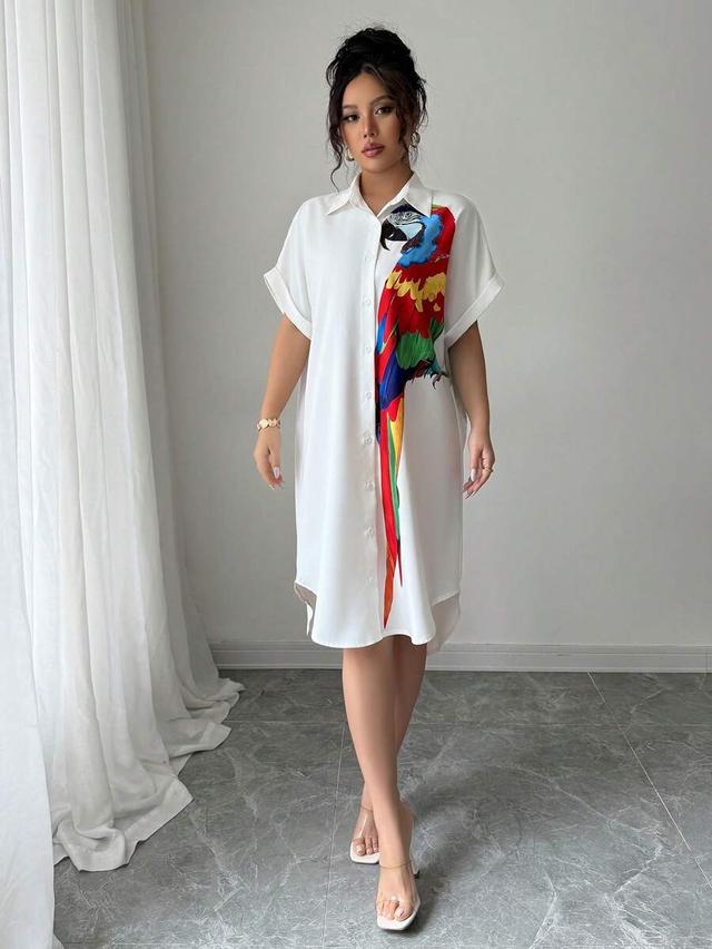white parrot print button front shirt dress