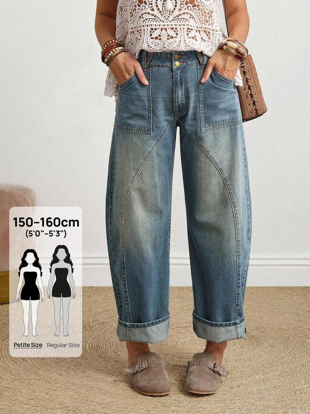 high-waisted panelled denim jeans with cuffed hem
