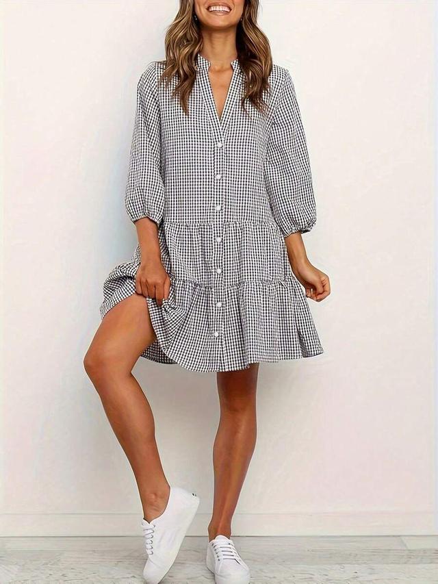 black and white gingham tiered button-down dress