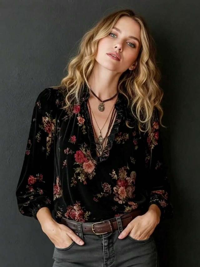 floral velvet deep v-neck long sleeve top