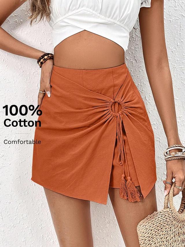 brown cotton tassel ring linked wrap mini skort