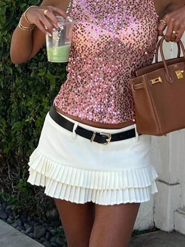 pink women's cute double-layer white pleated mini skirt