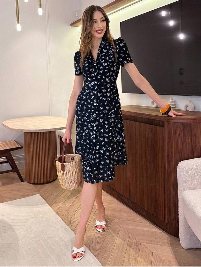 pariaura romantic floral print v-neck pleated midi dress