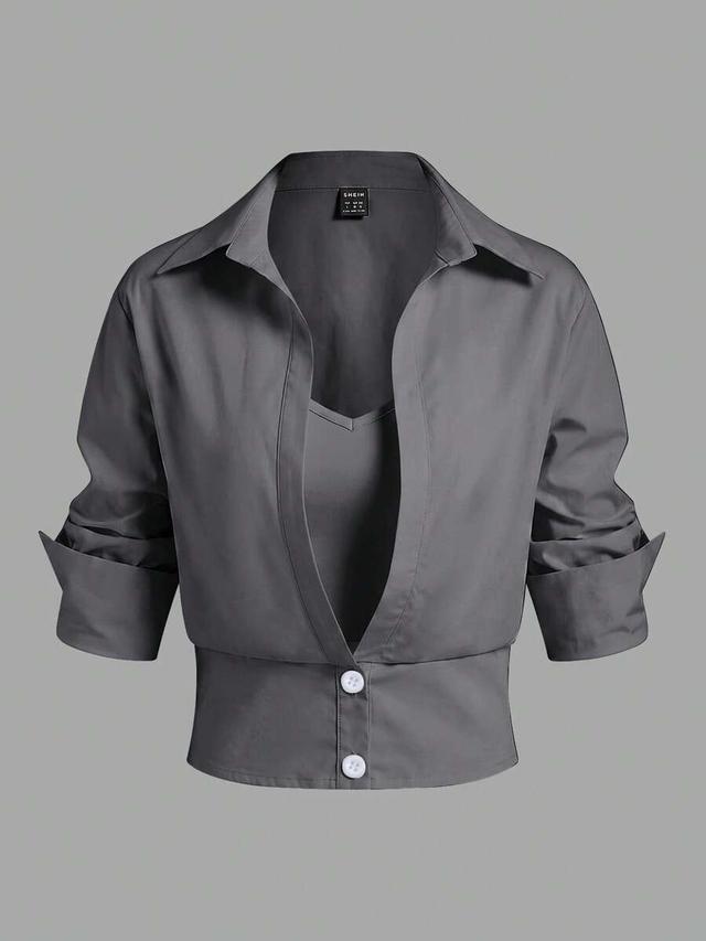 grey fitted button-down long sleeve shirt