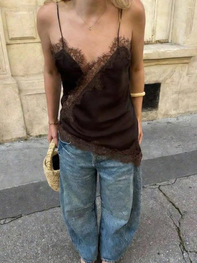 brown satin camisole with lace trim