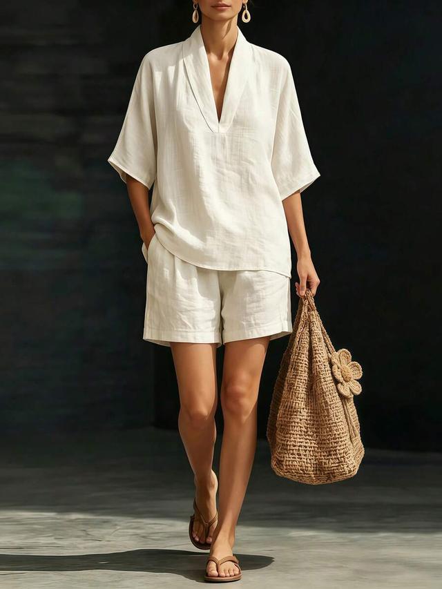 apricot linen-like collared batwing sleeve shirt and shorts