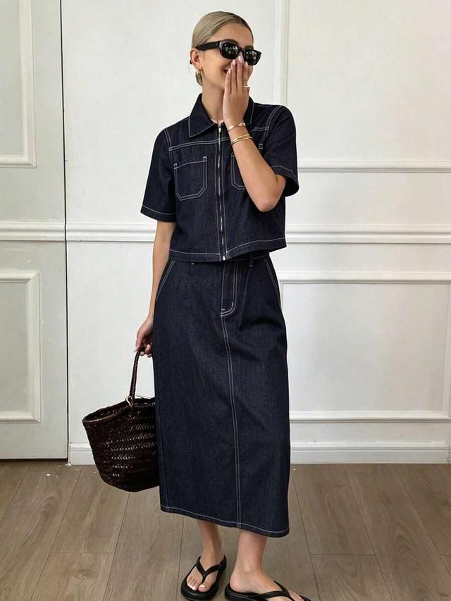 dark wash denim short sleeve top and skirt set