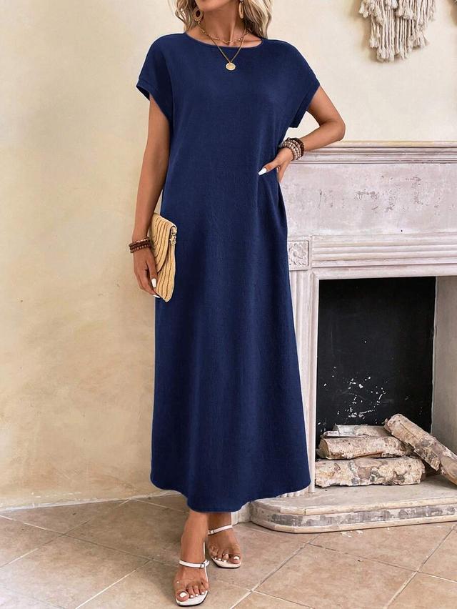 navy blue casual batwing sleeve long dress