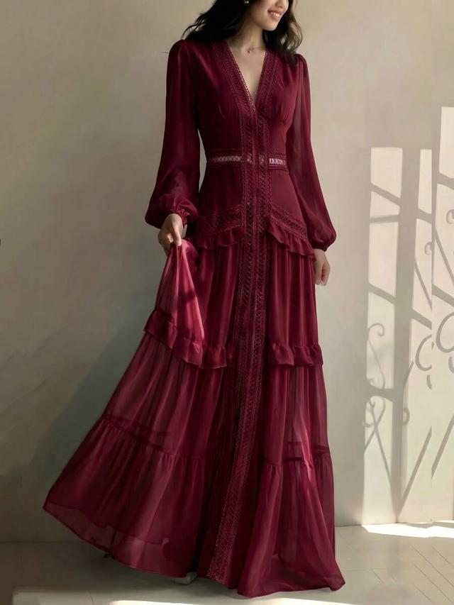 burgundy ruffle patchwork v-neck lantern sleeve maxi dress